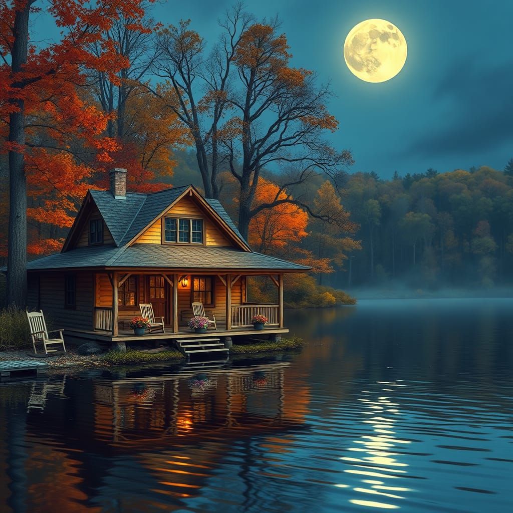 Whimsical Lakefront Cottage Under Autumn Moonlight