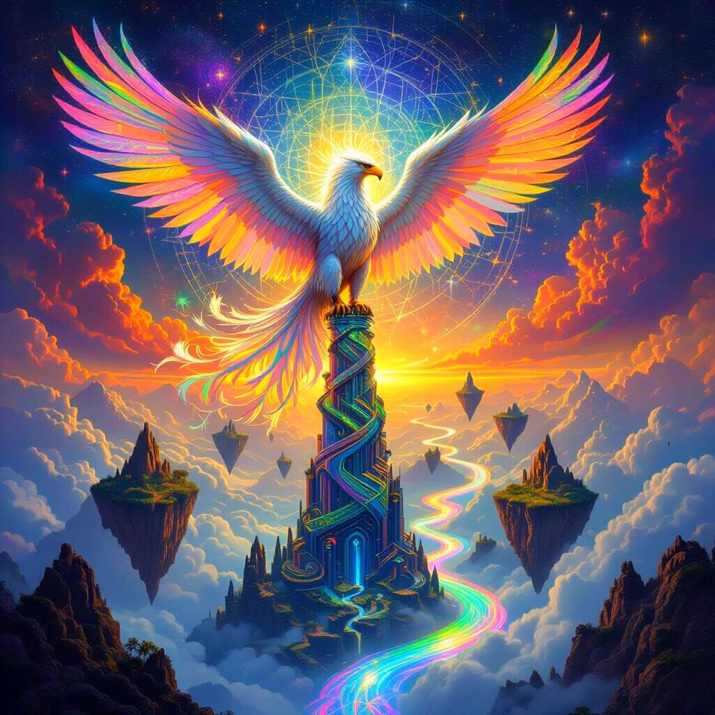 Griffin Perched Atop Fractal Spire in Psychedelic Style