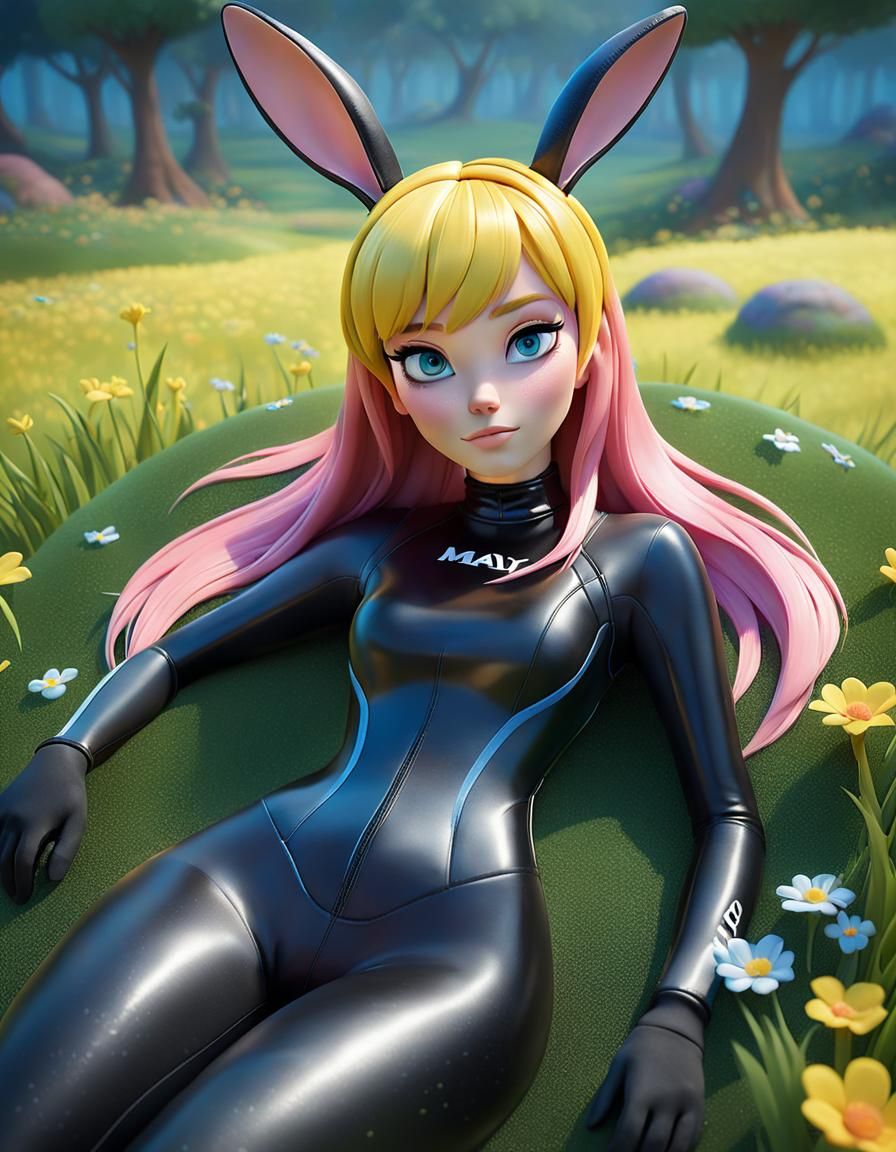 Woman in Latex Wetsuit with Rabbit Ears, 3D Art