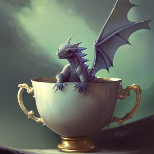 Baby Dragon Portrait in Teacup, Splash Art