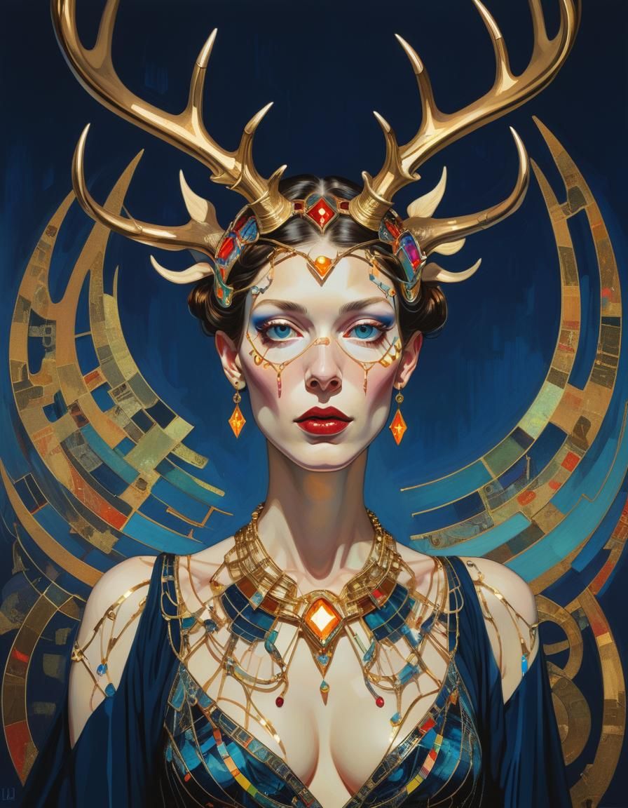 Binary Antlered Woman in Art Deco Style