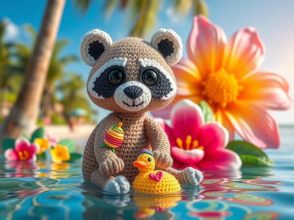 Majestic Crochet Raccoon in Vibrant Rainforest Scene