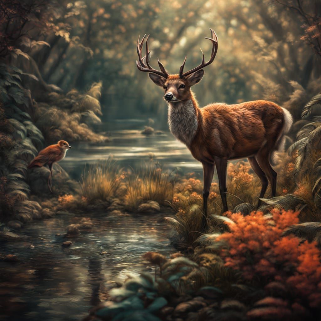 Hyperrealistic Wildlife Art in a Serene Spring Forest