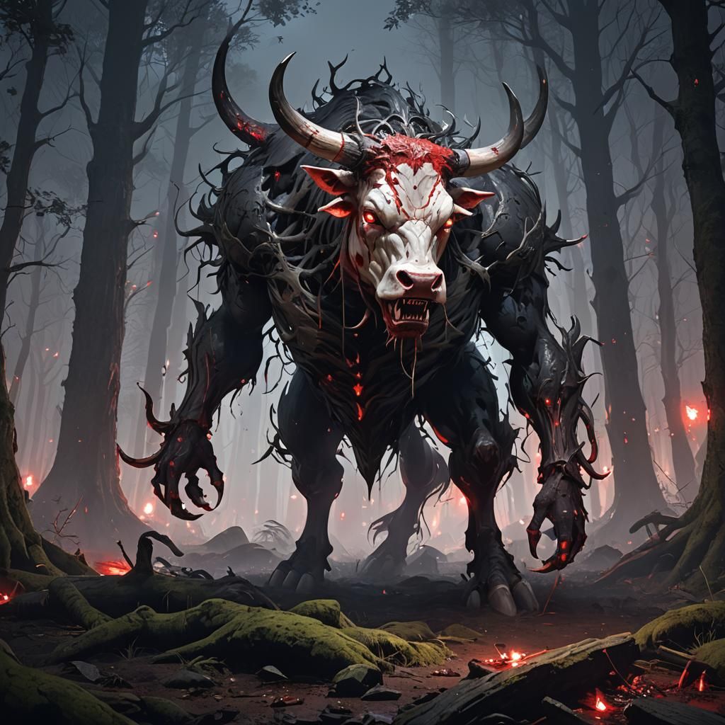 Bloody Cow Monster in Anime Style, Night Woods