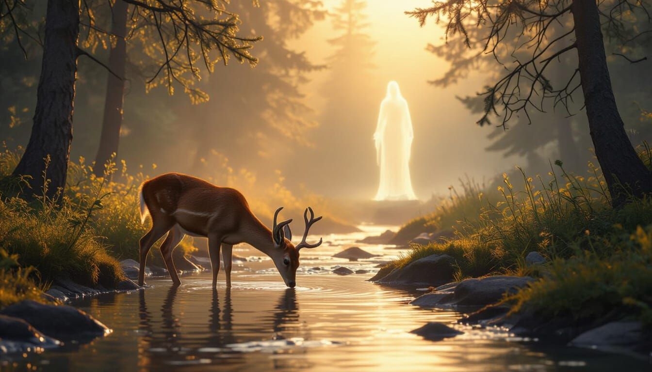 Serene Deer by Mountain Stream at Dawn