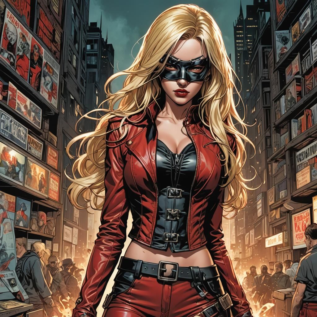 Comic Style Superheroine in Red Leather