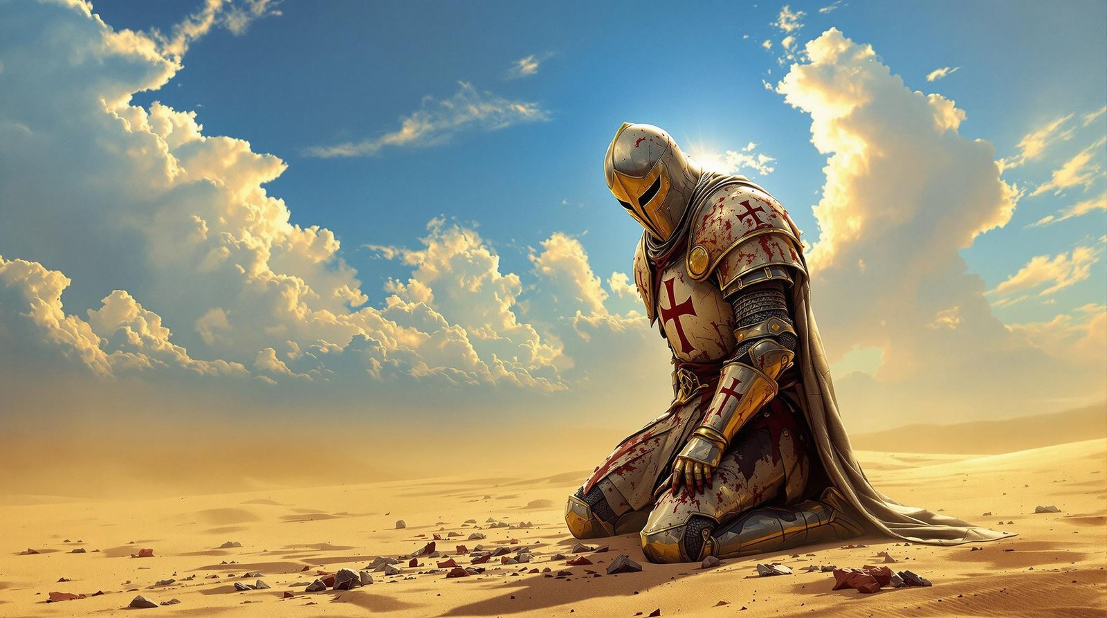 Worn Templar Knight Praying in Scorching Desert