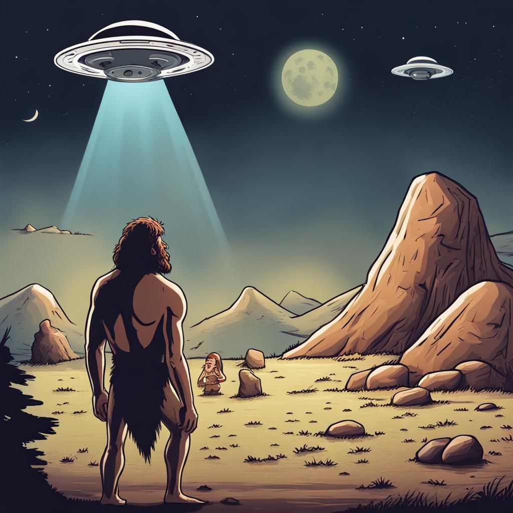 Caveman Watches UFOs in the Sky