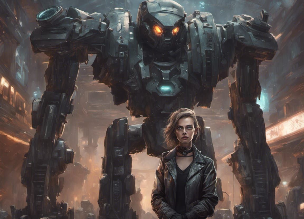 Female Journalist with Mech in Dark Fantasy Style