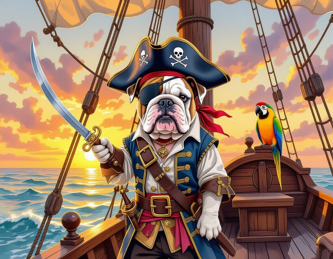 Pirate Bulldog on Ship Mast in Watercolor Style