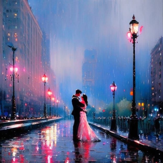 Passionate Kiss in Rainy Red Hues, Impasto Painting