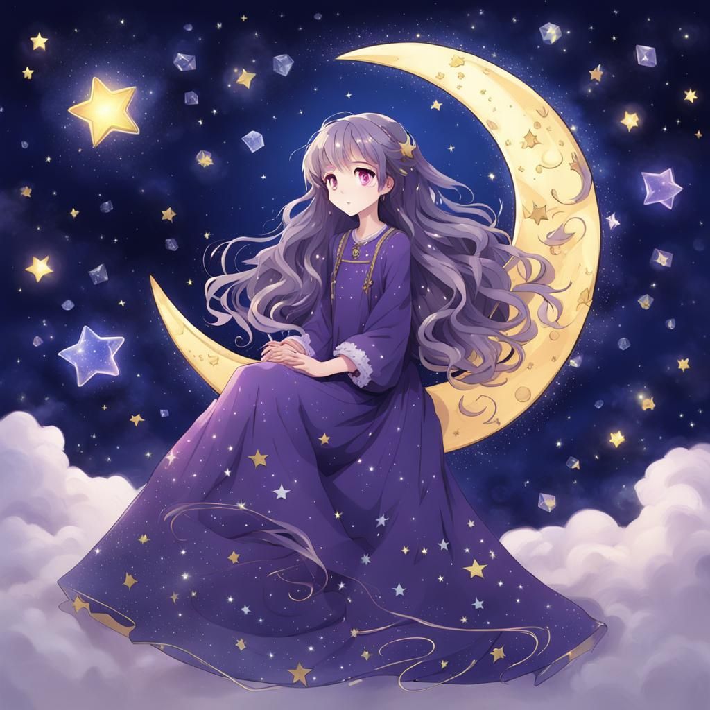 Anime Girl on Moon with Starry Dress