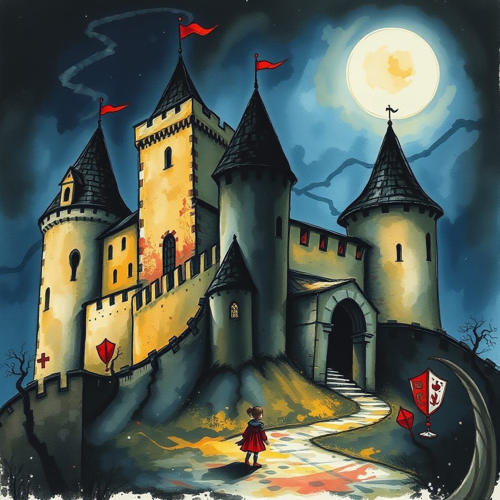 Medieval Castle at Night in a Dripping Watercolor Style