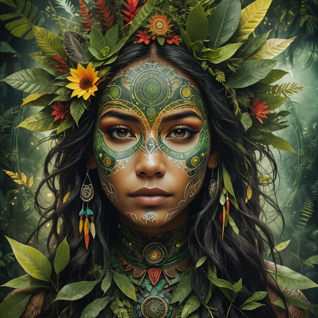 Futuristic Indigenous Woman Portrait with Glowing Mandalas