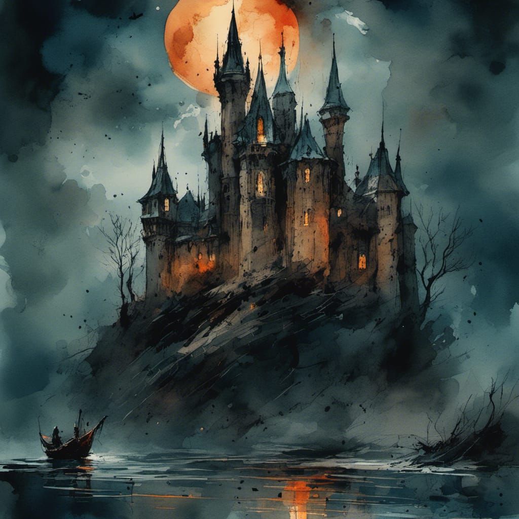 Gothic Castle Under Blood Moon in Watercolor Style