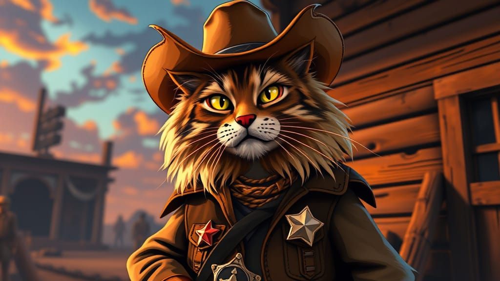 Majestic Longhaired Cat Sheriff in Wild West Landscape
