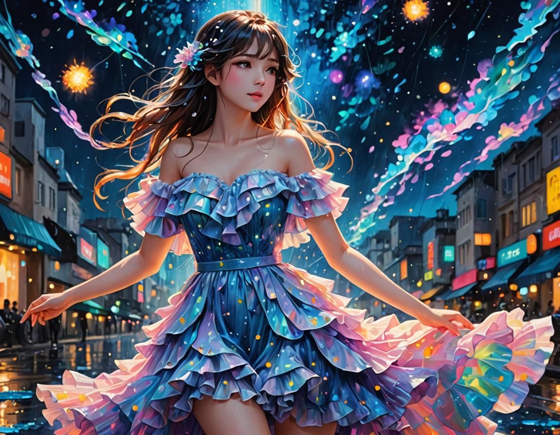 Neon Iridescent Dress in Rainy Galaxy: Impasto Painting
