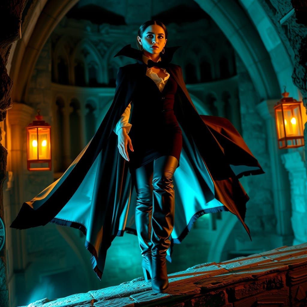 Elegant Vampire Countess in Black Tie, Dracula Cape, and Fie...