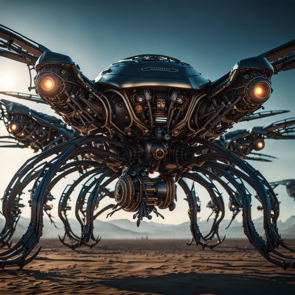 Futuristic Robotic Starling Directing Drone Swarm