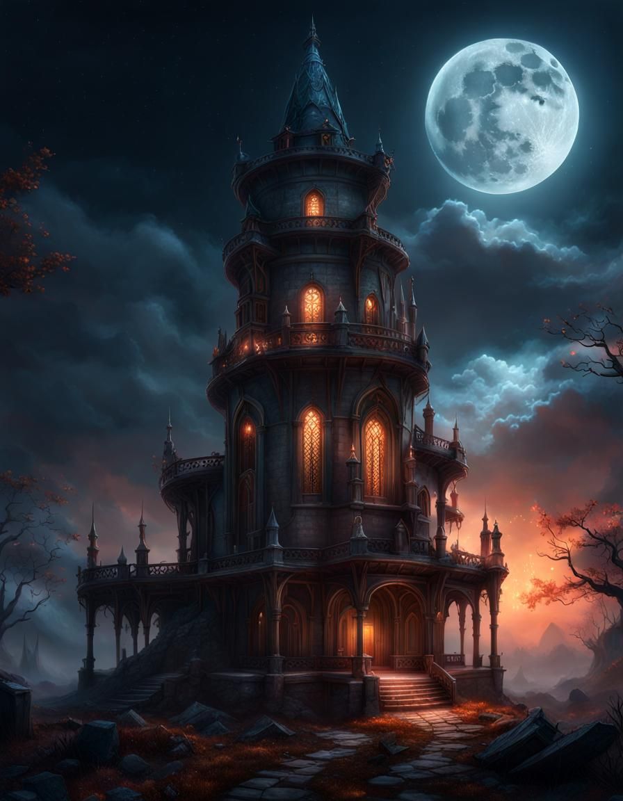 Eerie Abandoned Arcane Tower Under the Moon
