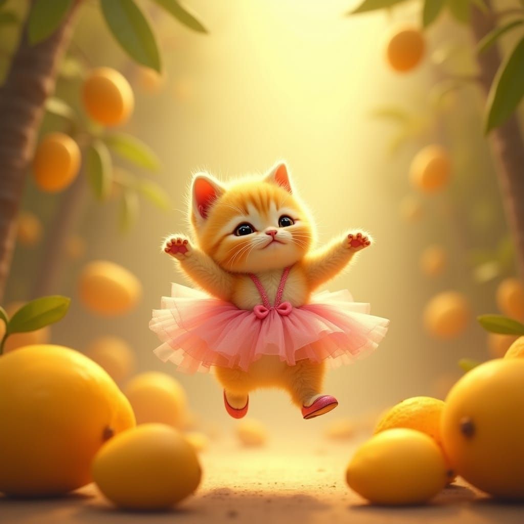 Whimsical Kitten Dances Amidst Vibrant Mangoes in a Delightf...