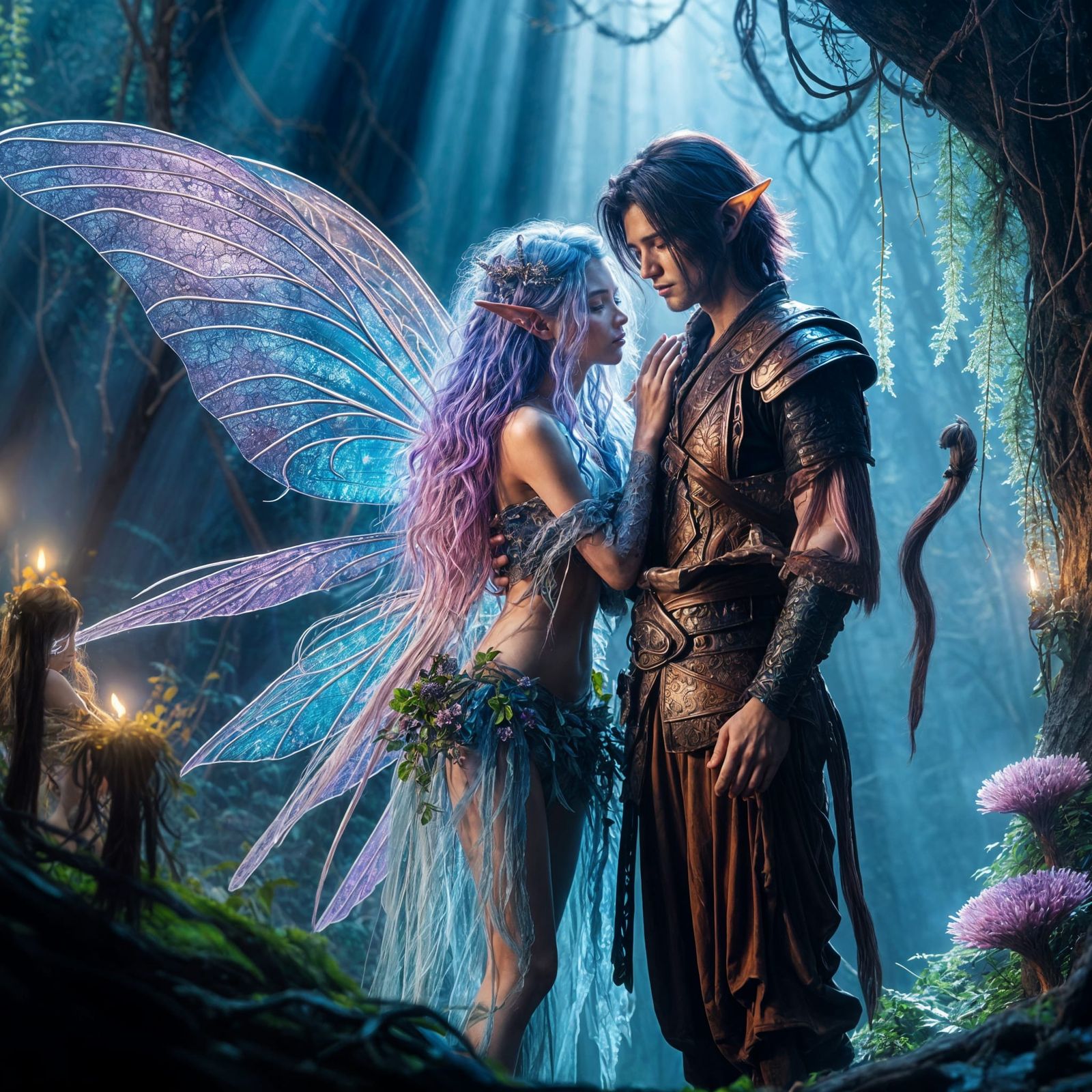 Romantic Fairy and Wizard in Enchanted Forest