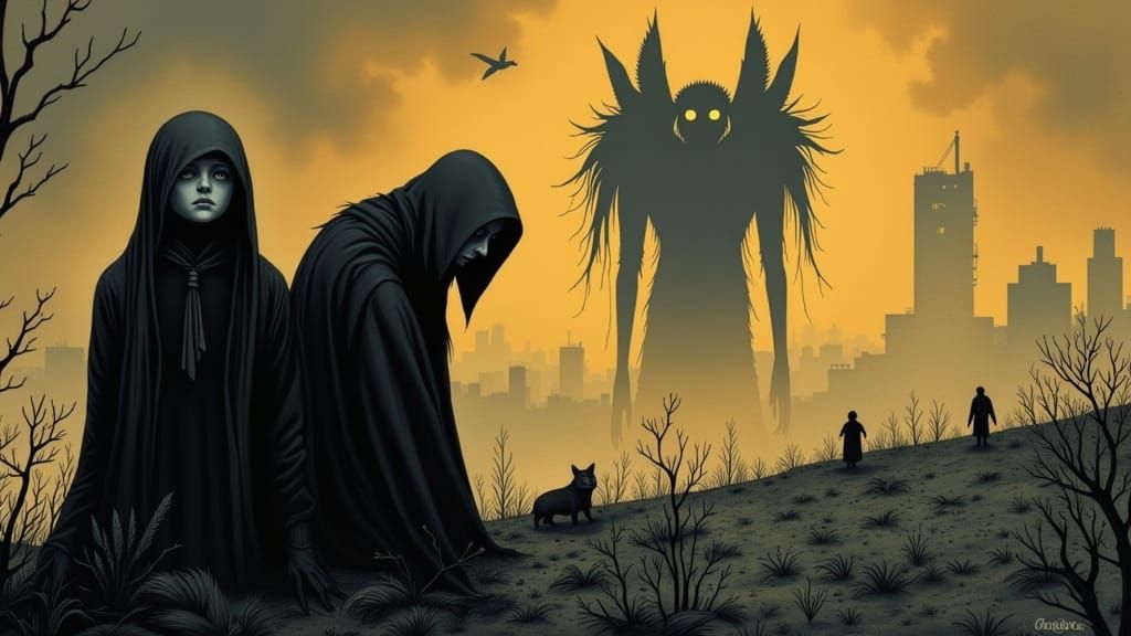 Figures Hiding From Looming Shapes in Urban Landscape