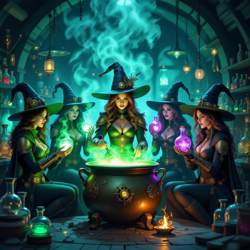 Steampunk Witches in Glowing Alchemical Workshop