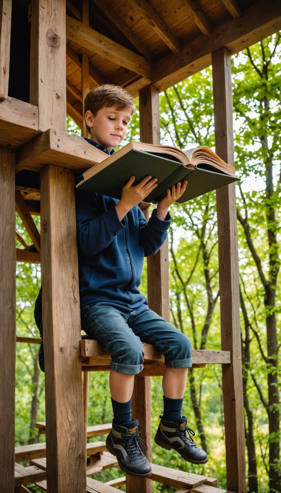 Boy Reading in Treehouse Bathed in Sunlight