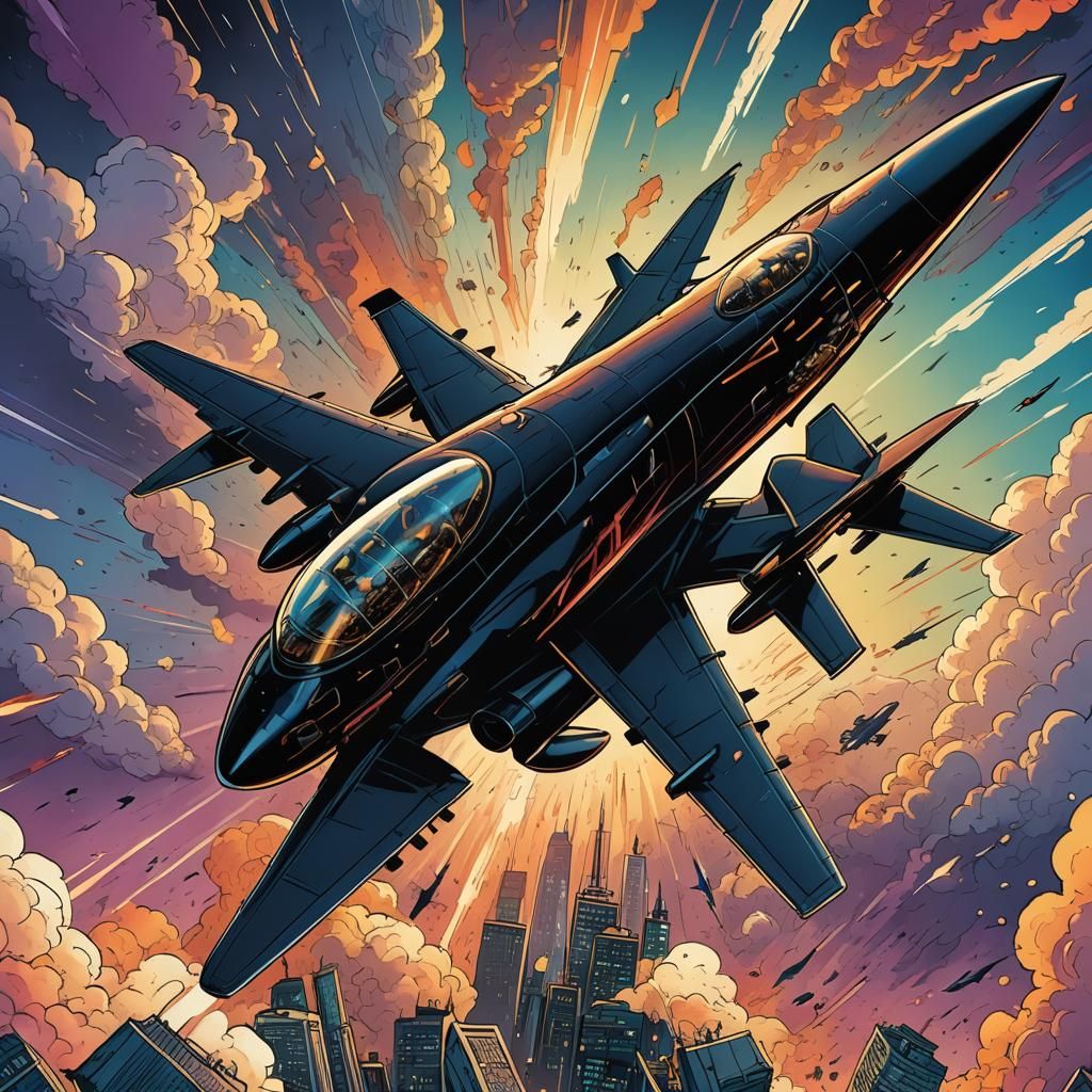 Black Jet Plane in Comic Book Style