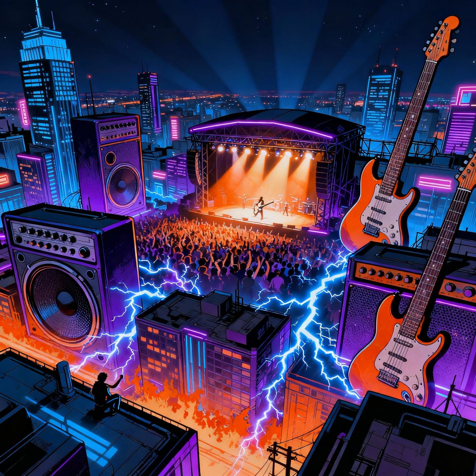 Neon Cityscape at Night: Rock Concert Metropolis