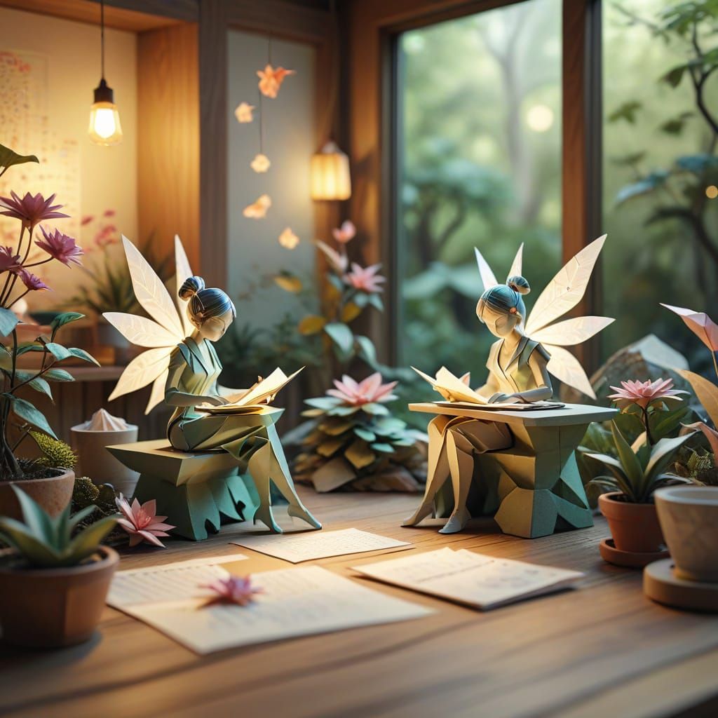 Fairies in Zen Garden Office: Digital Art with Origami