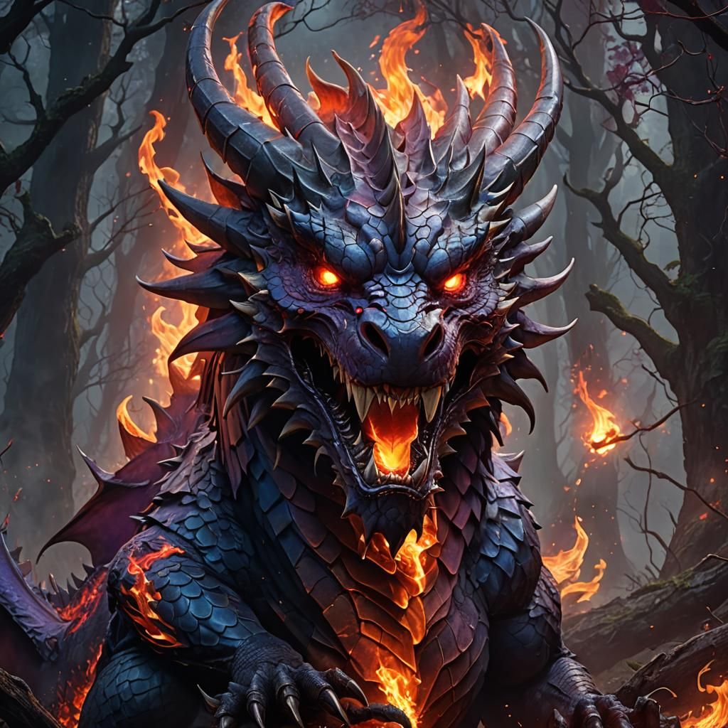 Flaming Dragon Roar in Mystical Forest: Digital Matte Painti...