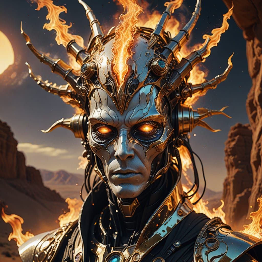 Mysterious Being with Futuristic Headpiece in Surreal Style