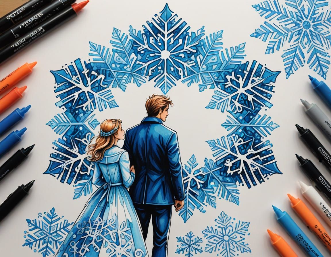 Whimsical Snowflake Marker Art for a Fantasy Couple