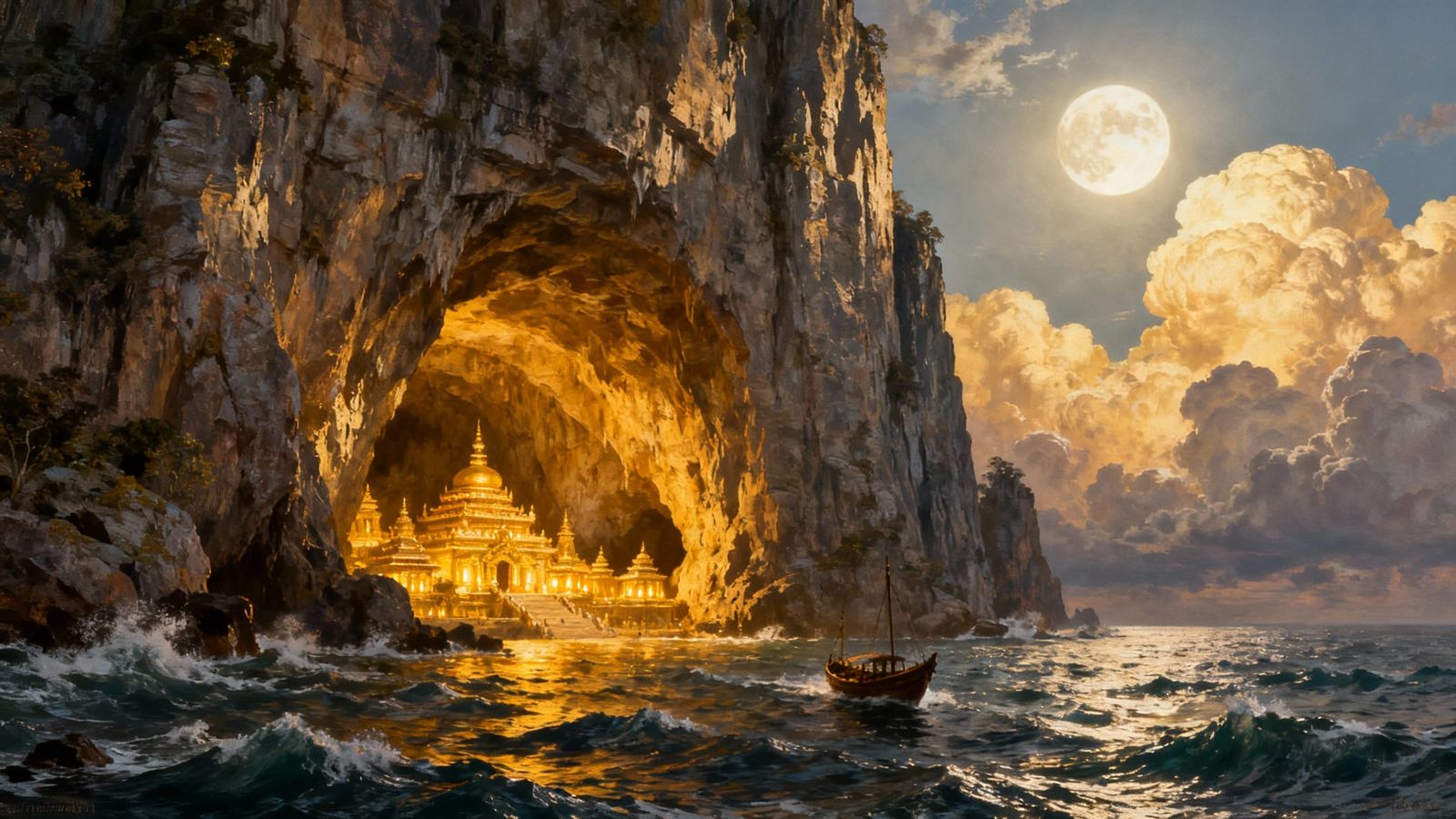 Massive Cliff With Moonlit Temple Cave Entrance