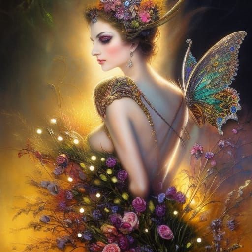 Beautiful Girl in Butterfly Hat, Digital Art