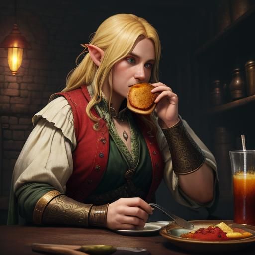 Hobbit Eating Breakfast in Dark Fantasy Style
