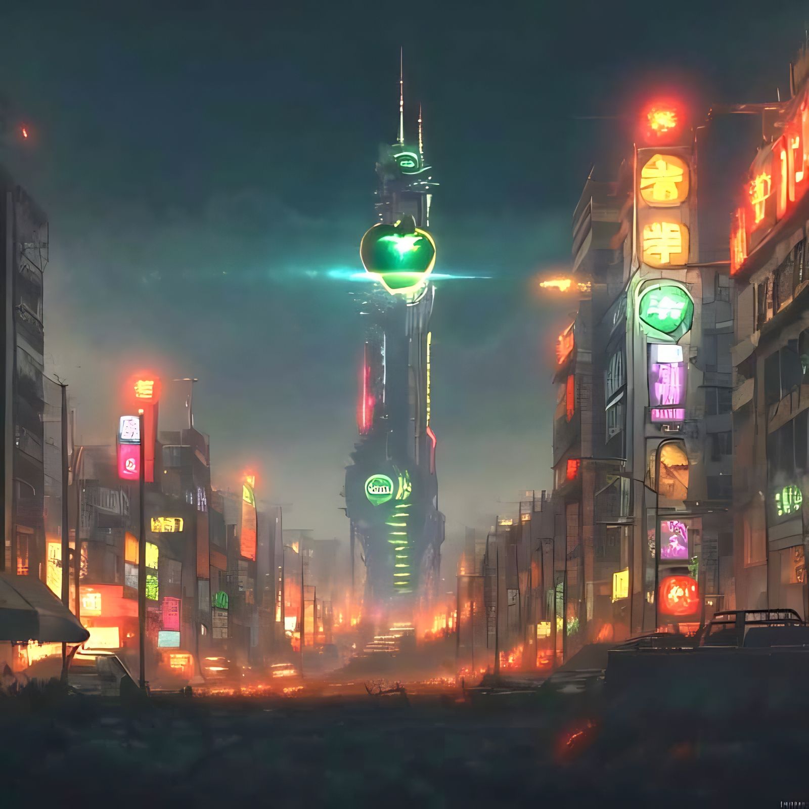 Surreal Cyberpunk Cityscape with Apples