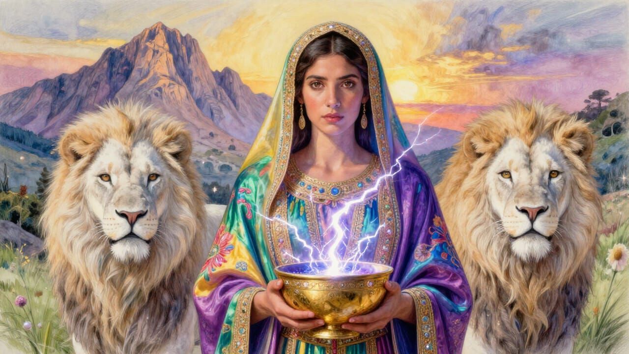 Jewish Woman with Lions and Mount Sinai in Golden Hour Light