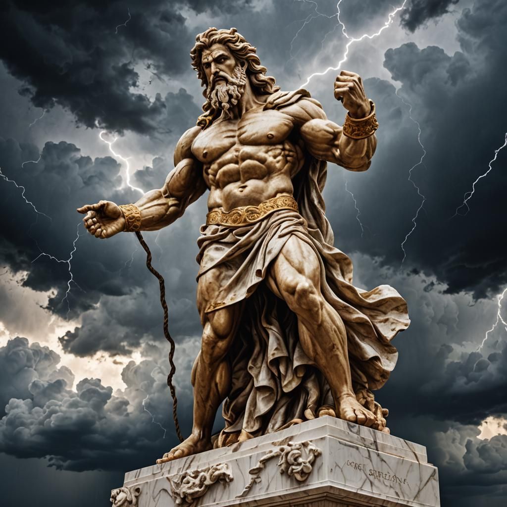 Angry Zeus Marble Sculpture in Stormy Clouds