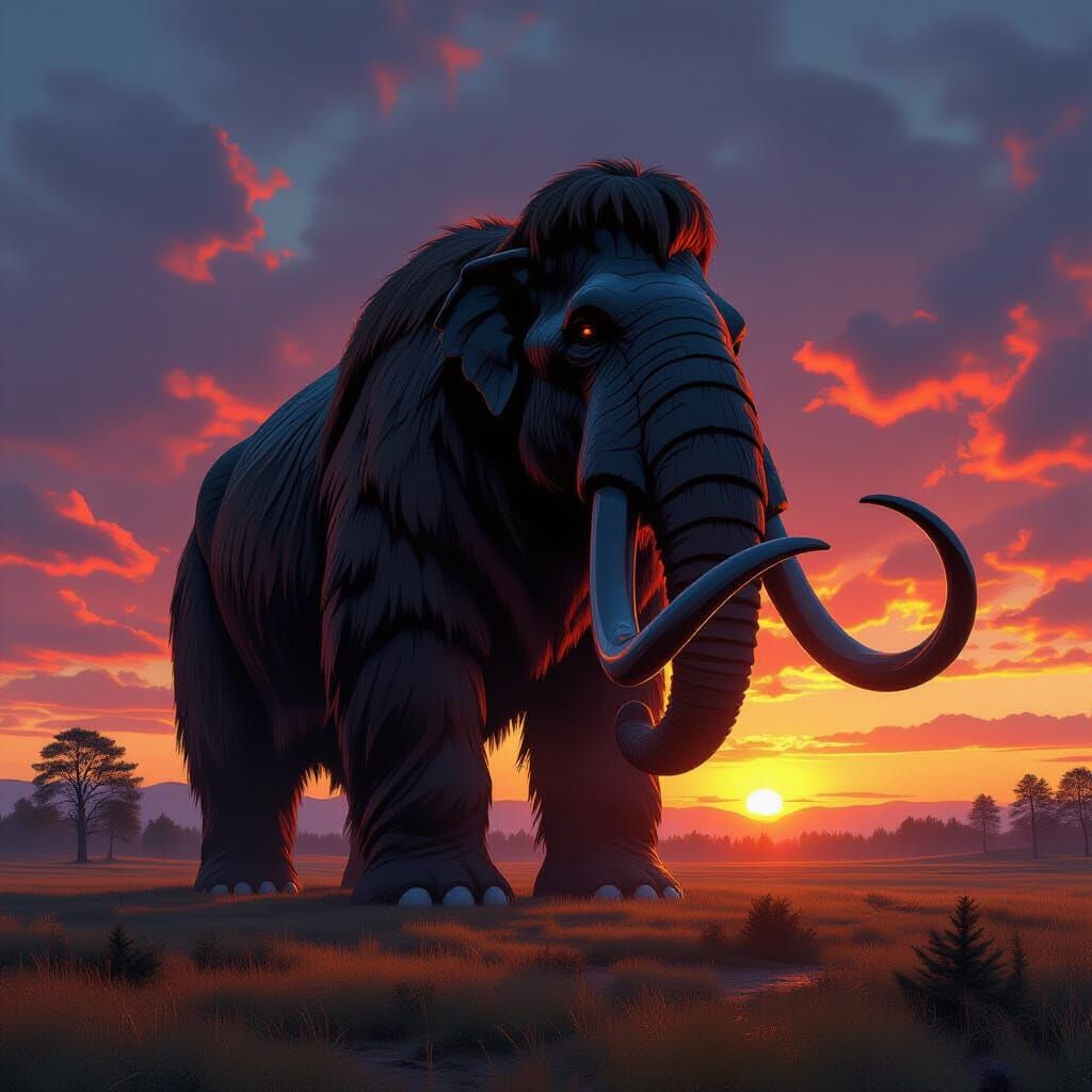 Obsidian Mammoth Statue at Sunset: Hyperrealistic Art