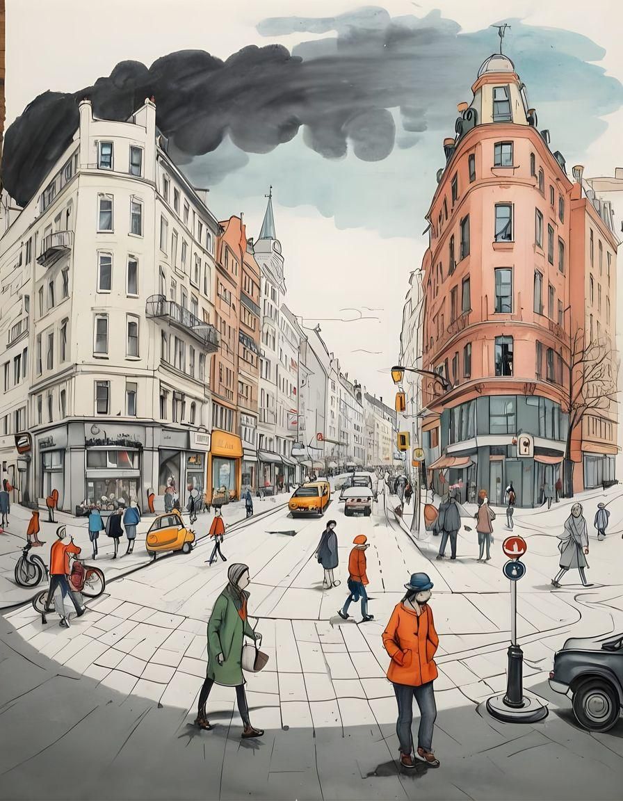 Quirky Urban Sidewalk Drawing in Anton van Dalen Style