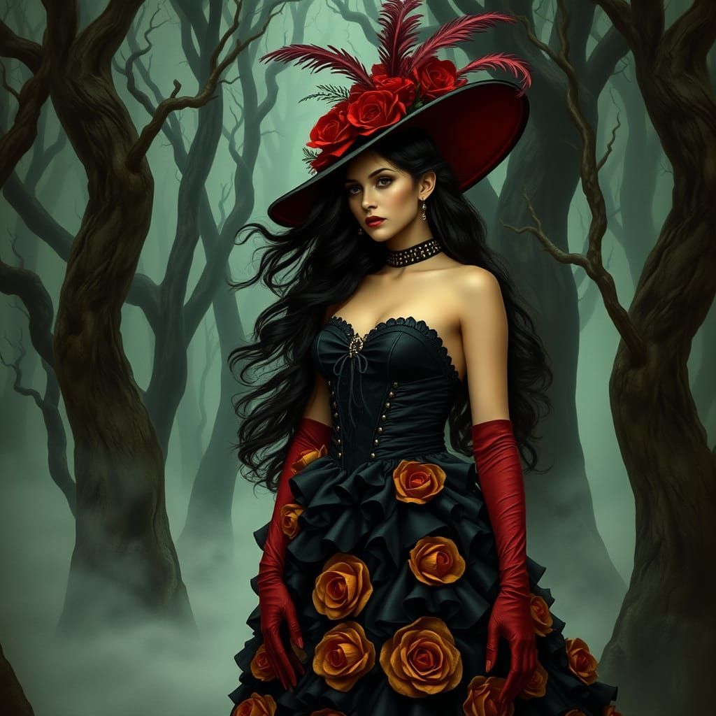 Gothic Woman in Rose Ball Gown, Dark Forest