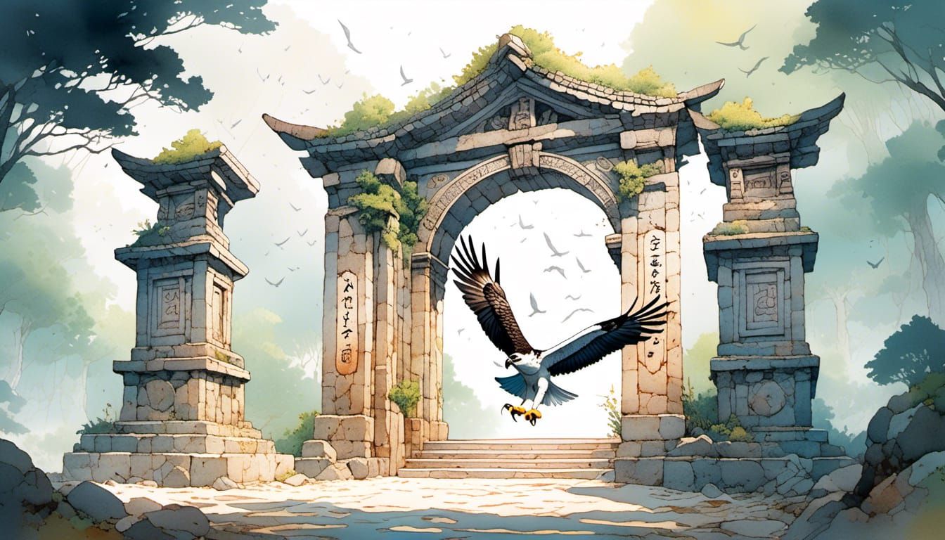 Ancient Temple Gate with Osprey Logo in Watercolour Style
