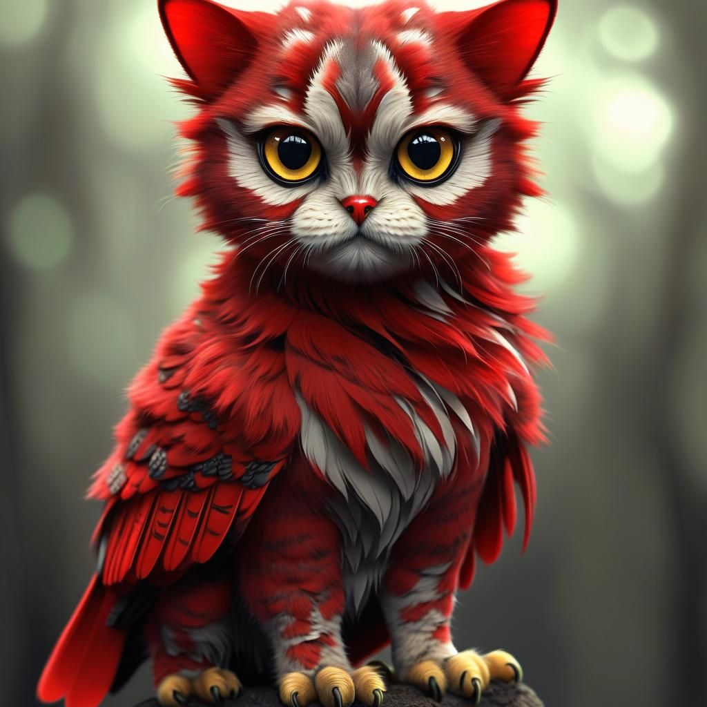 Cute Red Owl Cat Hybrid Creature