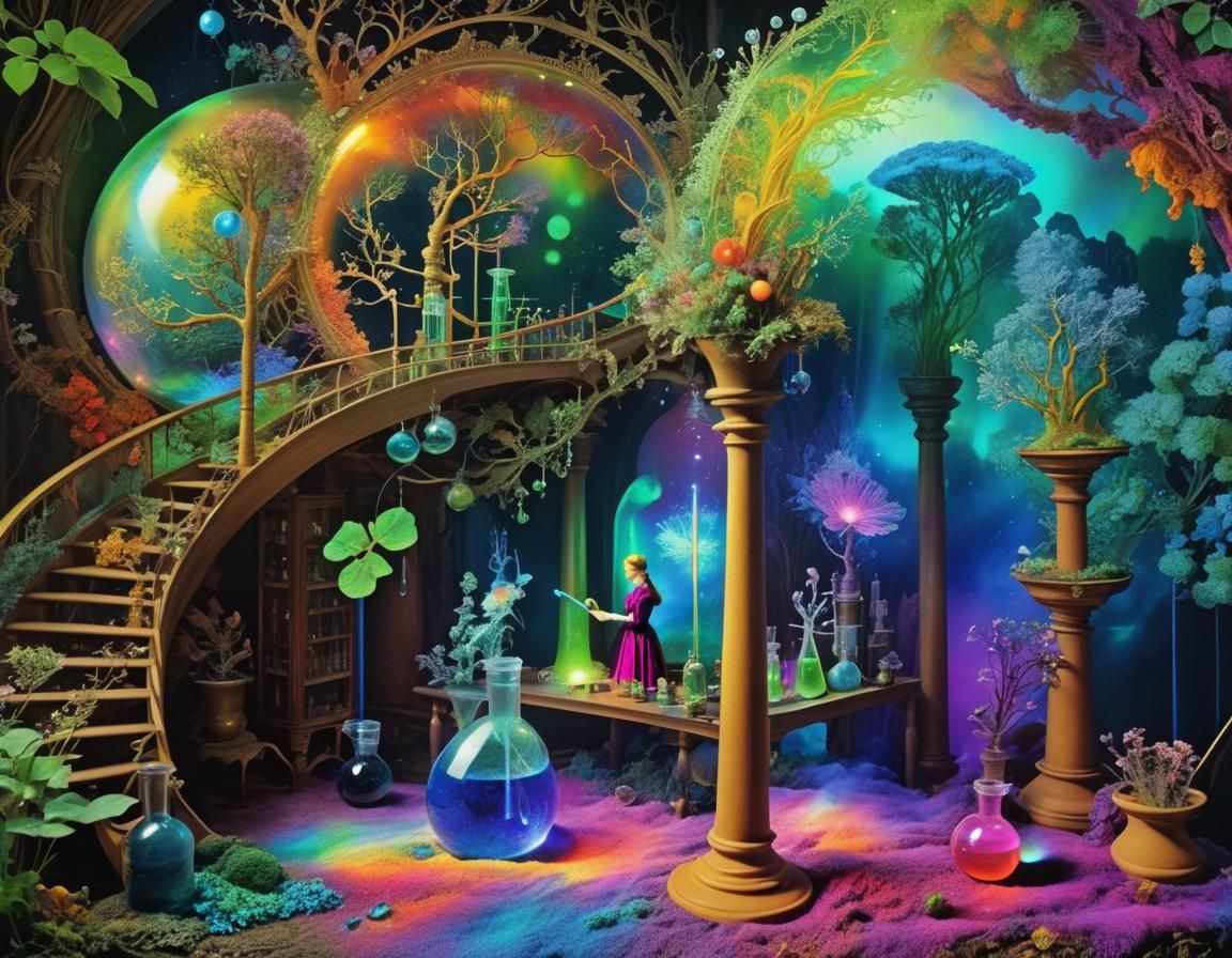 Dreamcore Holographic Chemist Laboratory in Surreal Style