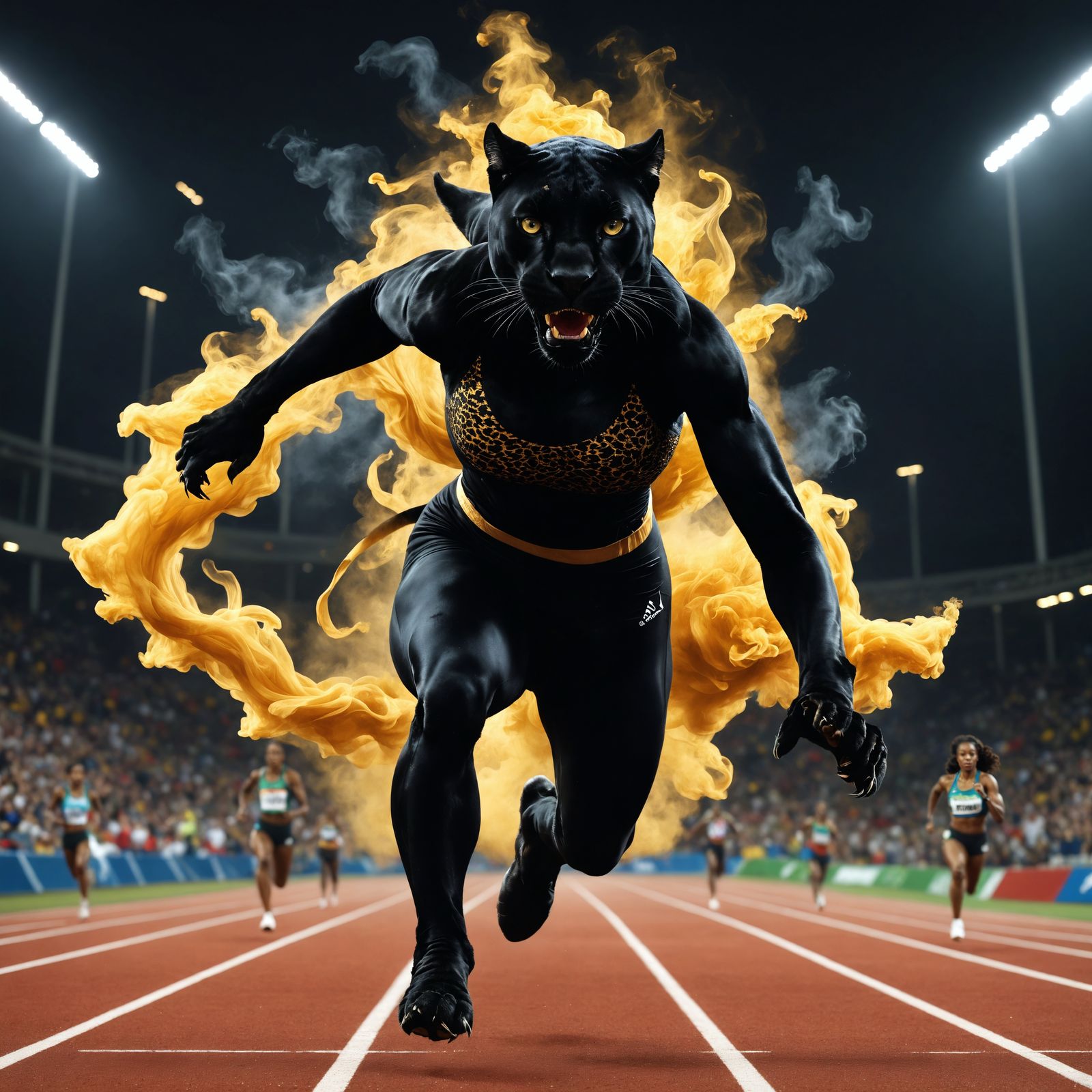 Panther Athlete Sprinting on Olympic Track at Night