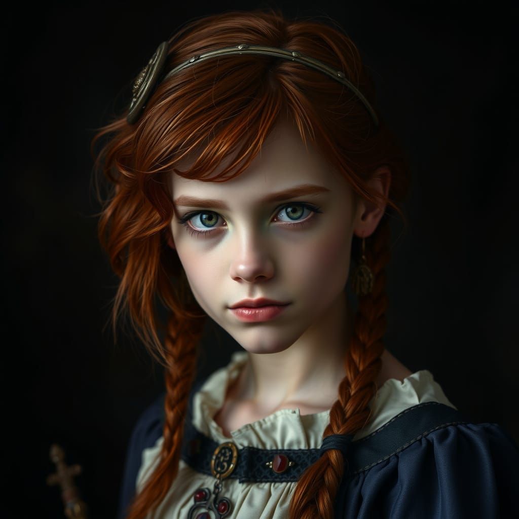 Medieval Portrait of Red-Haired Girl in Dark Mood