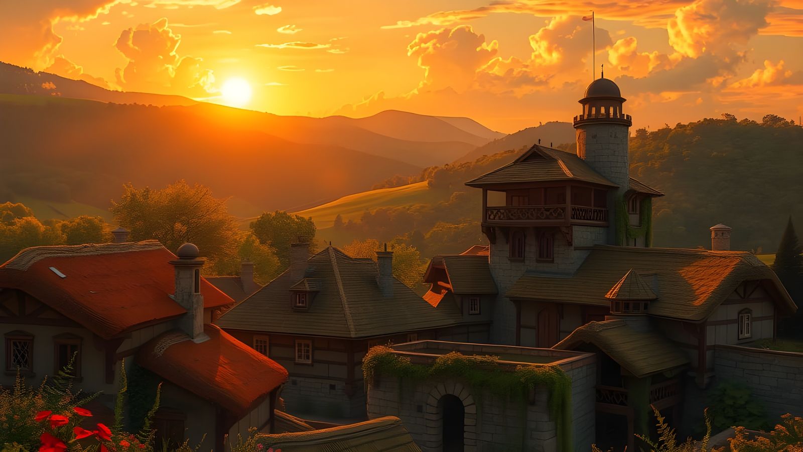 Fantasy Medieval Town at Sunset in Vibrant Colors